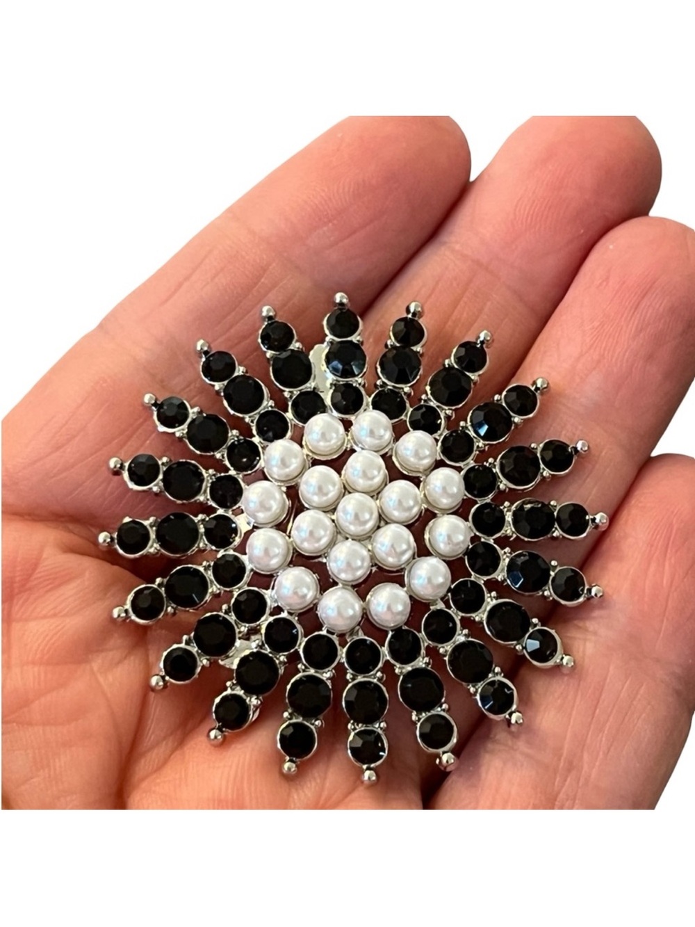 Sterling Silver Black Crystal & White Pearl Sunburst Brooch FINAL PRICE DROP